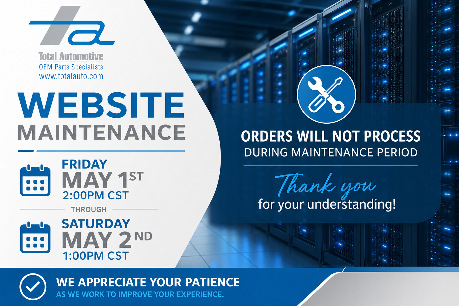 Website Maintenance Friday May 1st - Saturday May 2nd