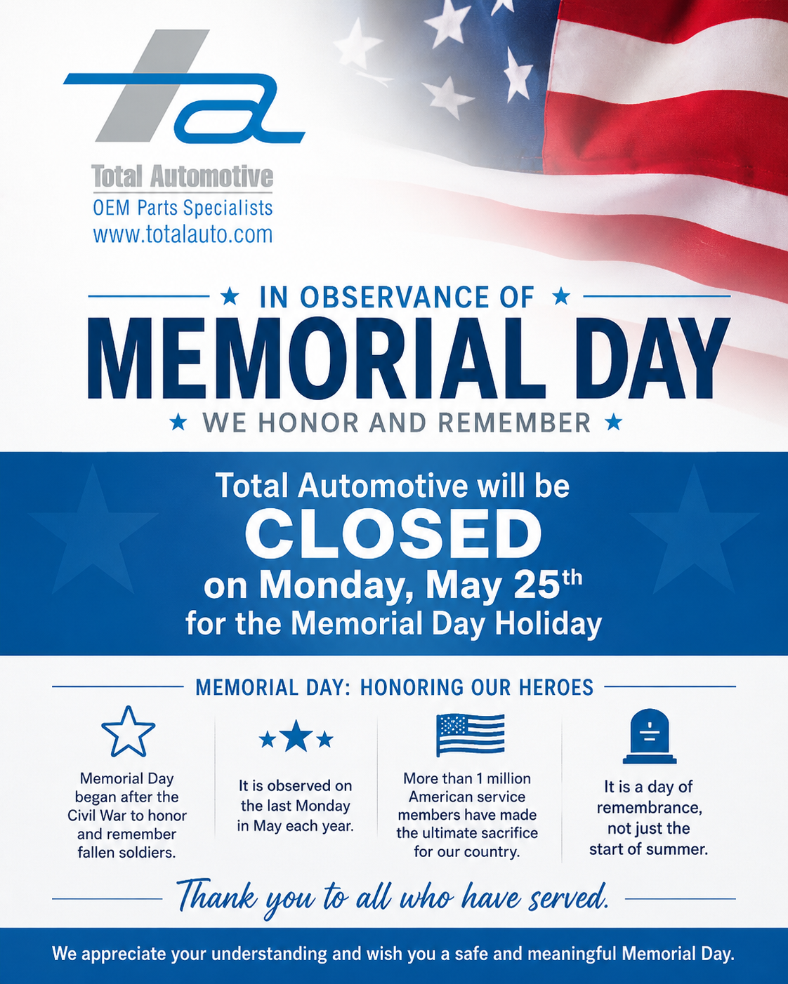 Closed Memorial Day, Monday May 25th